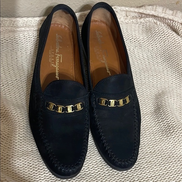 Salvatore Ferragamo Black Slip-On Loafers With Gold Detail